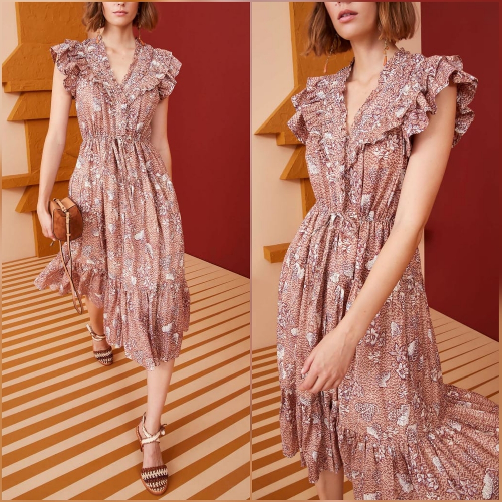 Ulla Johnson Dress Womens 2 Floral Pockets Ruffle Button Boho Chic Cottagecore